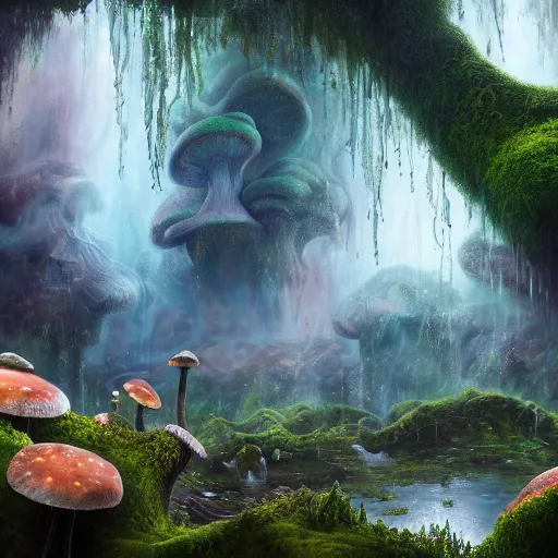 Image similar to tom bagshaw, mythical cavern, soft painting render curiosities carnival pond vegetation rocks gigantic mushrooms and tentacles covered moss luminescent wisps, stunning waterfall, accurate features, focus, very intricate ultrafine details, random volumetric lighting, fog, award winning masterpiece, octane render 8 k hd, artstation