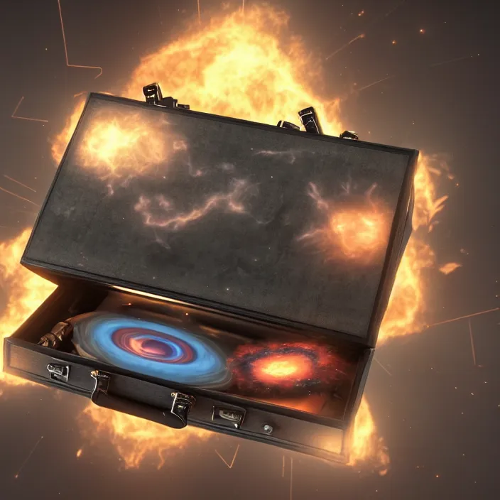 Image similar to a supernova inside a briefcase. high tech. octane render, trending on artstation, very coherent symmetrical artwork. cinematic, hyper realism, high detail, octane render, 8 k, iridescent accents