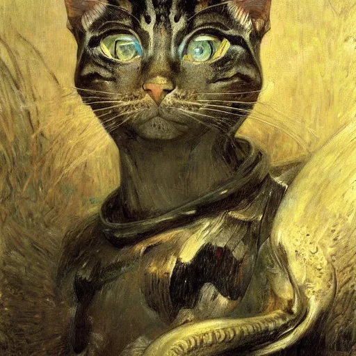 Image similar to highly detailed portrait of an humanoid robotic cat mecha, painting by gaston bussiere, craig mullins, j. c. leyendecker, lights, art by ernst haeckel, john william godward, hammershøi,