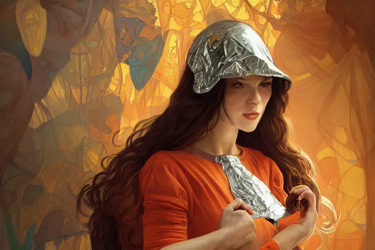 Prompt: portrait of tinfoil hat man in orange t - shirt behind his wife, feelings, romantic, fantasy, intricate, elegant, highly detailed, digital painting, artstation, concept art, smooth, sharp focus, illustration, art by artgerm and greg rutkowski and alphonse mucha