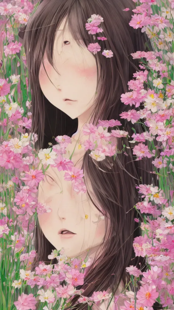 Image similar to portrait of a japanese girl dancing in a field full of flowers, detailed, elegant, highly detailed, artstation, concept art, illustration, sharp focus, anime, art by kurozaki sakura,