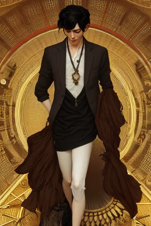 Image similar to ultra realistic, thin man in nice modern clothes, black hair, brown eyes, occult jewelry, fantasy, intricate details, eerie, highly detailed, octane render, 8 k, art by artgerm and alphonse mucha and greg rutkowski