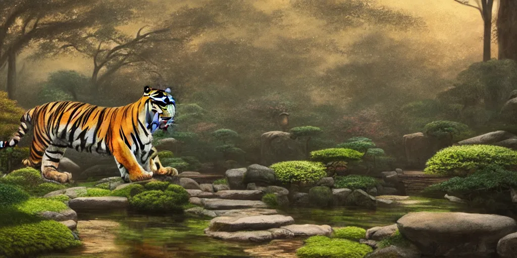 Prompt: a tiger in a Japanese garden, mist, cinematic lighting, detailed oil painting, hyperrealistic, 8k