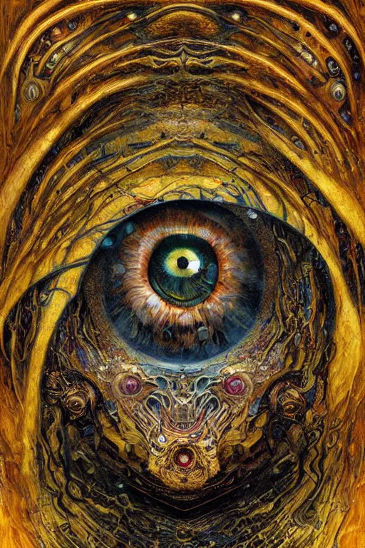 Image similar to The Interdimensional Eye by Karol Bak, Jean Deville, Gustav Klimt, and Vincent Van Gogh, mystic eye, otherworldly, catseye, alien eyes, vortex of monster eyes, fractal structures, arcane, inferno, inscribed runes, infernal relics, ornate gilded medieval icon, third eye, spirals