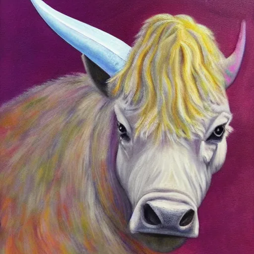 Prompt: A Bufficorn, a mythical animal which is half buffalo, half Unicorn. painting