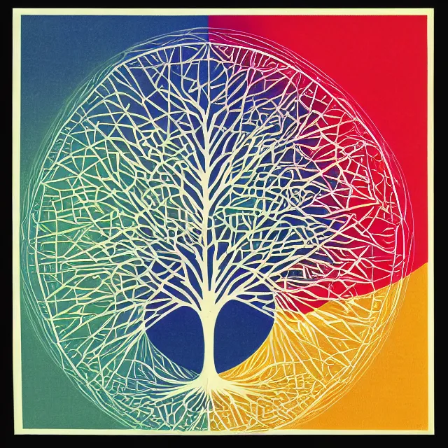 Image similar to sacred geometry tree of life in a minimalist collage of geometric shapes, tetrachromacy, primary colors, in the style of ikko tanaka, japanese graphic design, 1 9 8 0, by ernst haeckel