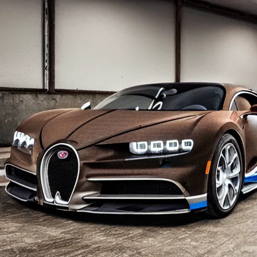 Image similar to an abandoned, derelict, ( really rusty ) bugatti chiron in a dirty warehouse