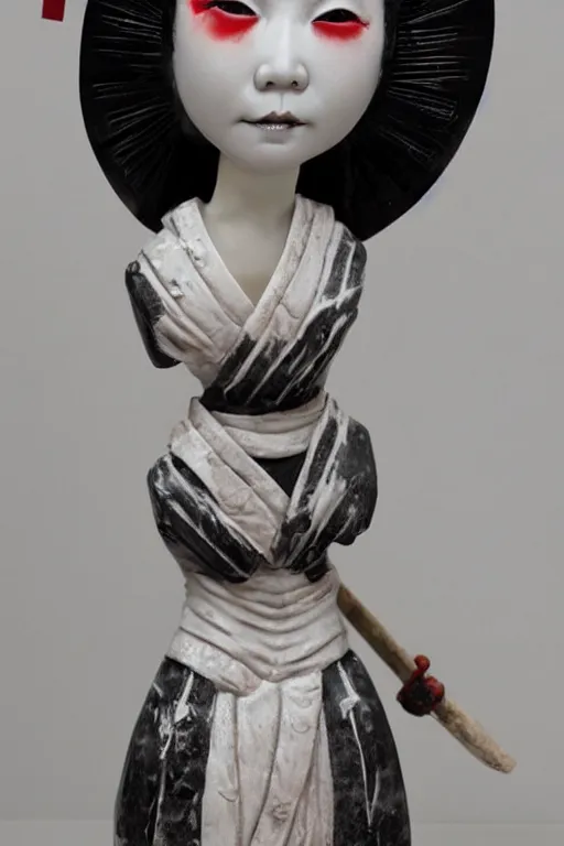 Image similar to porcelain eyeless geisha made by Kris Kuksi and HR Giger