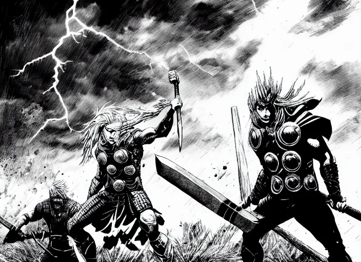 Image similar to thor with blond hair catches lightning and holds an ax in an epic battle with storm clouds with faces monsters by tsutomu nihei, black and white, epic battle background, comic, cinematic