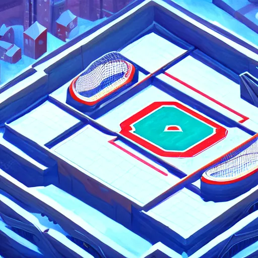 Prompt: Hockey arena game illustration, aerial view, isometric Voxel, Blizzard, EASports, intricate, elegant, highly detailed, digital painting, artstation, concept art, smooth, sharp focus, art by Roman Klco and Shadow Run, brightly lit cinematic soft lighting, photorealistic