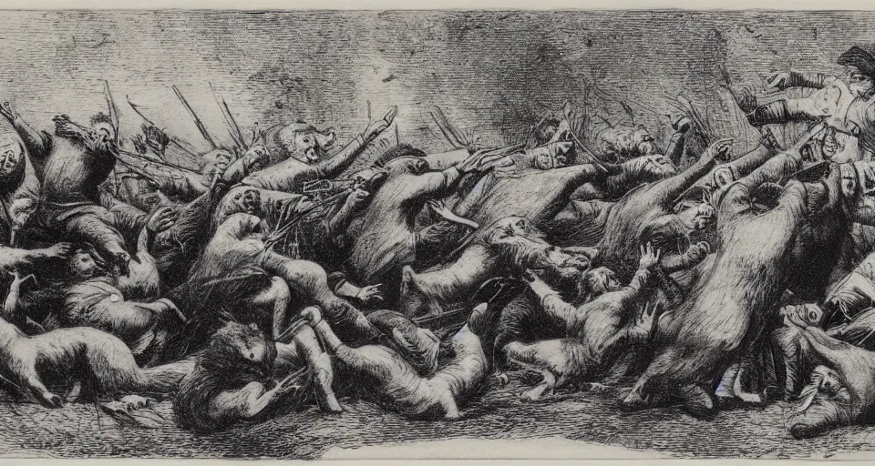 Image similar to an etching of elisha calling bears to attack the forty youth, by albert rosenthal!!!!!!!!!!!!!!!!!!!