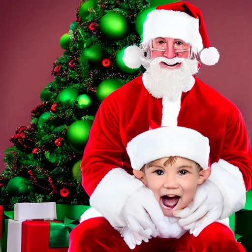 Image similar to Holiday Mall Santa Photo of child with the face of Hulk Hogan sitting on Hulk Hogan’s lap, 8k hyper realistic HDR