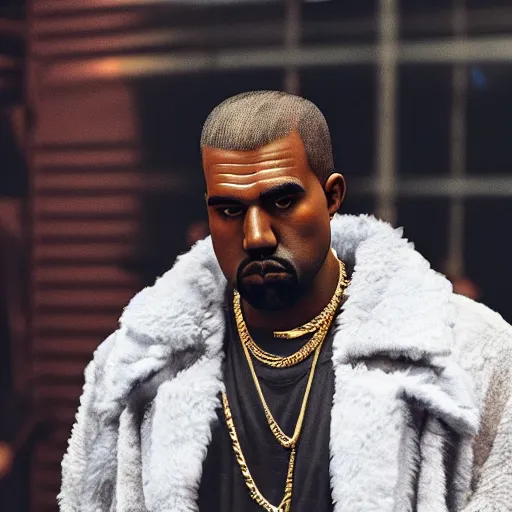 Image similar to a videogame still of Kanye West in Tekken 7, portrait, 40mm lens, shallow depth of field, close up, split lighting, cinematic