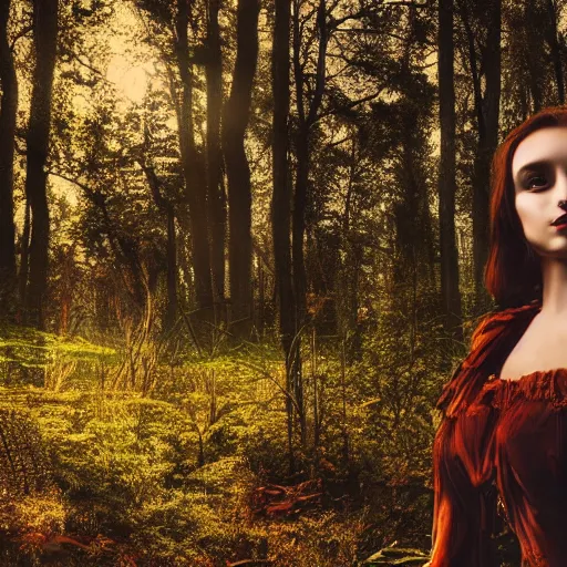Image similar to portrait of a strange, gorgeous and mystical woman in the woods, trees in the background, evening lighting, 4k, detailed, in the style of Greg Capullo