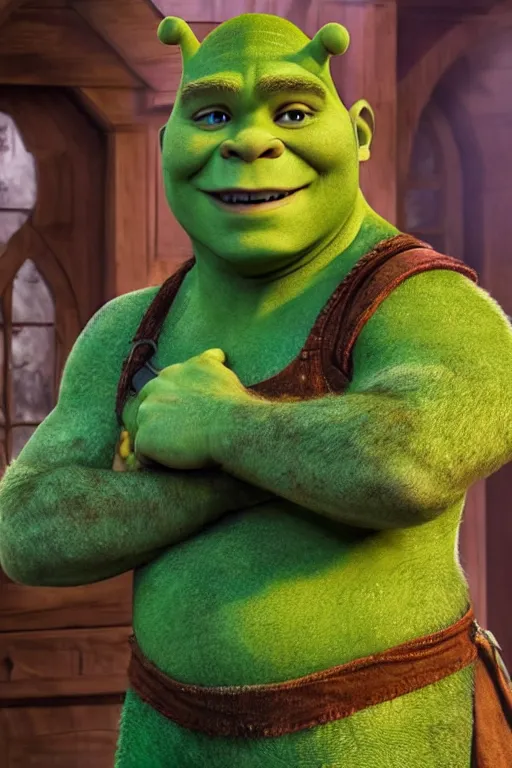 Image similar to Chris Pratt as Shrek in live action adaptation, green skin, set photograph in costume, cosplay