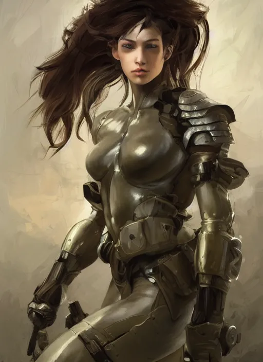 Image similar to a professionally painting of an attractive young female, partially dressed in military armor, olive skin, long dark hair, beautiful bone structure, perfectly proportioned, symmetrical facial features, intricate, elegant, heroic pose, digital painting, concept art, illustration, sketch-like, sharp focus, finely detailed, from Metal Gear, in the style of Ruan Jia and Mandy Jurgens and William-Adolphe Bouguerea