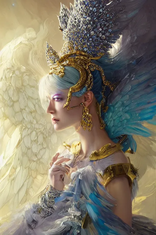 Prompt: beautiful princess wearing crystal white feathers, king sorcerers, ornate, blue and silver, armor, robes, diamonds, angel, fantasy, yellow background beam, dramatic lighting, highly detailed, digital painting, magic the gathering, 3 d render, hyper realistic detailed portrait, peter mohrbacher, wlop, ruan jia