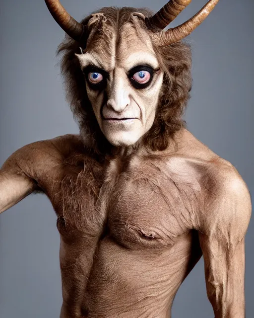 Prompt: actor Marty Feldman in Elaborate Pan Satyr Goat Man Makeup and prosthetics designed by Rick Baker, Hyperreal, Head-shot photos in the style of Annie Leibovitz