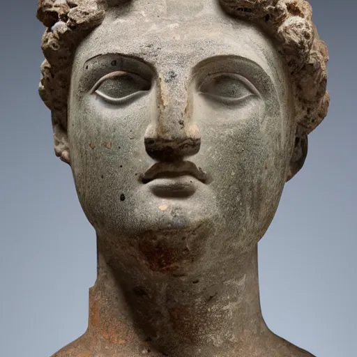 Prompt: an ancient greek statue, with visible wear and broken nose