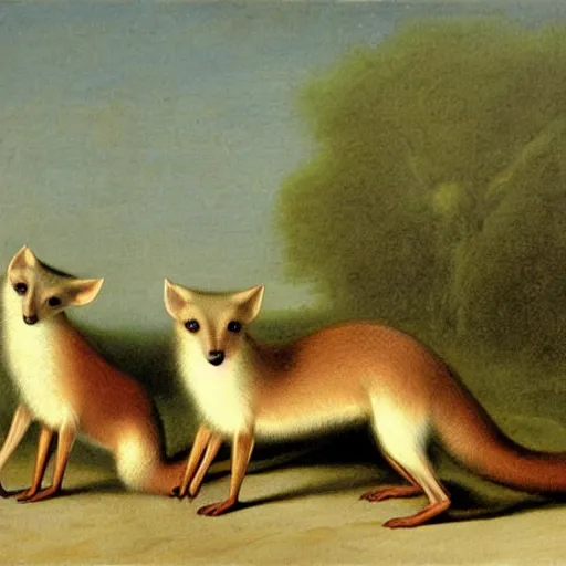 Image similar to group of long necked fox wolf rats wearing clothes, by george stubbs, oil painting