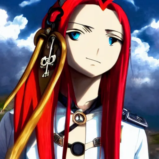 Prompt: sky-pirate with long red hair in front of a steampunk airship, full metal alchemist, anime style