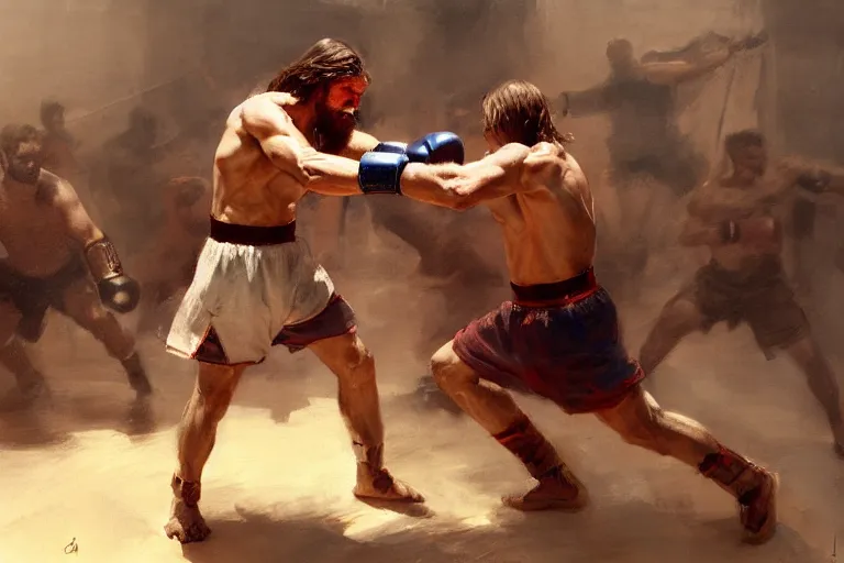 Image similar to ancient, jesus christ boxing with vladimir putin, fist fight, detailed faces, in battle by anders zorn, wonderful masterpiece by greg rutkowski, beautiful cinematic light, by greg manchess, jessica rossier
