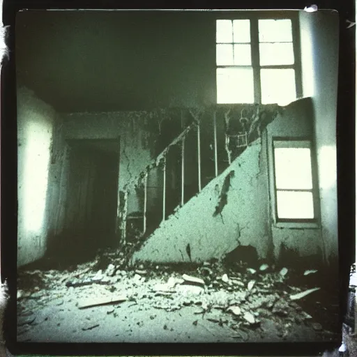 Image similar to the interior of a dark abandoned house with a creepy pale face at the top of a dark stairwell, old polaroid, blurry photo, expired film,