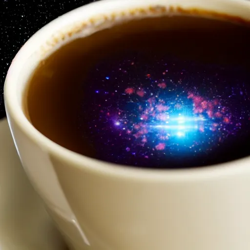 Prompt: photo of a galaxy formed inside a cup of coffee, macro lens, high contrast