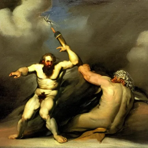 Image similar to zeus vs thor by francisco goya, mythological painting, oil painting