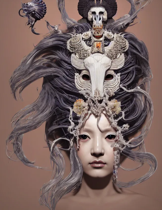 Image similar to 3 d slvic goddess half - turn portrait with long hair with ram skull. beautiful intricately detailed japanese crow kitsune mask and clasical japanese kimono. betta fish, jellyfish phoenix, bio luminescent, plasma, ice, water, wind, creature, artwork by tooth wu and wlop and beeple and greg rutkowski