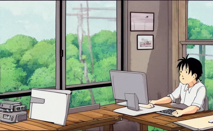 Prompt: angry man working from home at a computer, looking out the window, studio ghibli