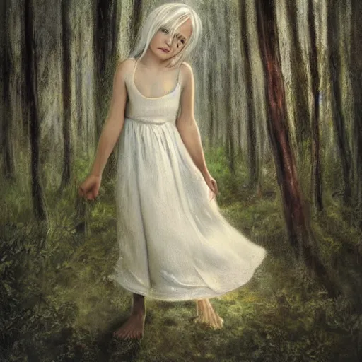 Image similar to a painting of a beautiful little girl in a white dress, white hair, bare foot, in the middle of a strange forest by Seb McKinnon