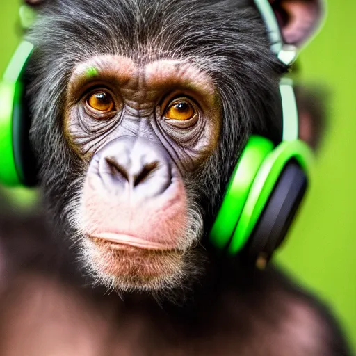 Prompt: a high quality photo of a green chimp wearing headphones, realism, 8k