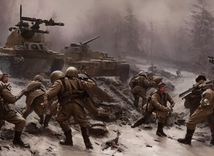 Prompt: soviet soldiers fighting against nazi t - 8 0 0 terminator robots in world war two eastern front setting, dieselpunk, winter concept art, artstation, stephen bliss, unreal engine, art by greg rutkowski, pixar, global illumination, radiant light, detailed and intricate environment