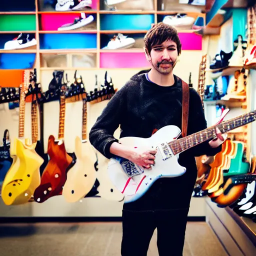 Prompt: a photograph of a man poorly cosplaying as a bear while holding a guitar, he is in a shoe store, he is standing in between long store isles, vivid color, 50mm