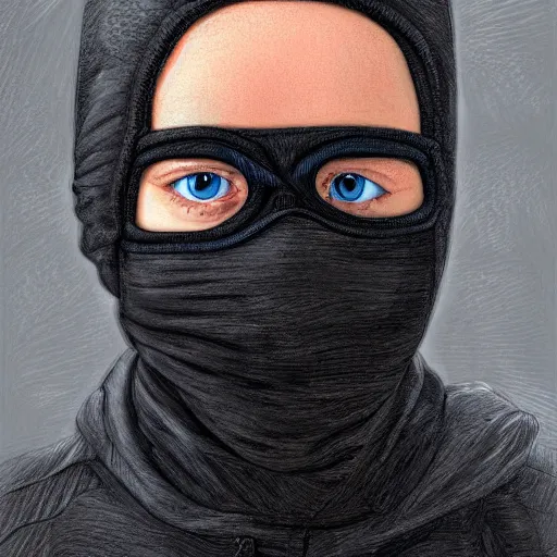 Image similar to a detailed portrait of a boy wearing a black ski mask, blue eyes, art illustration, incredibly highly detailed and realistic, 8 k, sharp focus