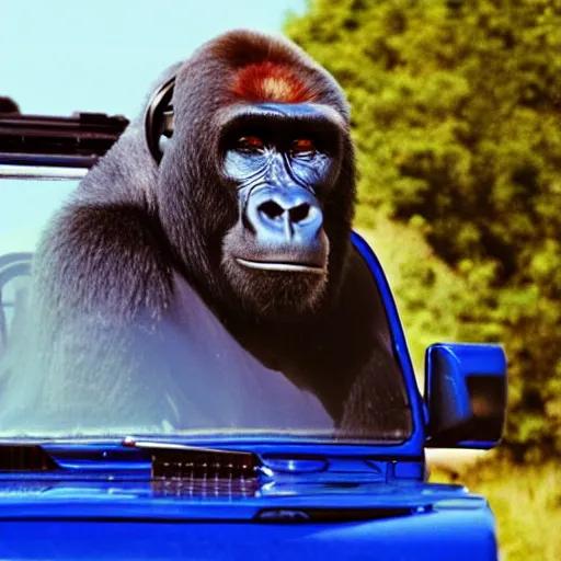 Prompt: color photo of a gorilla wearing headphones driving a jeep in the 8 0's. blue sky in the background