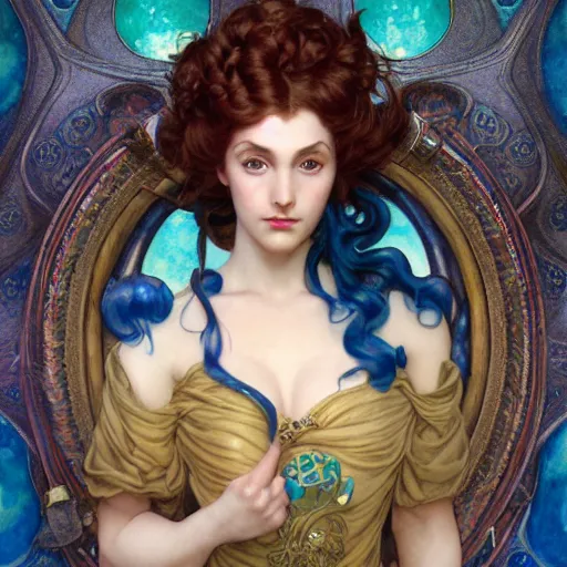 Image similar to Masterpiece head and shoulders portrait of Gwen from League of Legends of Arcane animated Series as with blue long and very curly pigteils and arcane maid outfit drawn by Donato Giancola and Tom Bagshaw, Edmund Leighton, Alphonse Mucha, background by James Jean and Gustav Klimt, 4k, porcelain skin, volumetric lighting, komorebi, french nouveau, trending on artstation, octane render, hyperrealistic