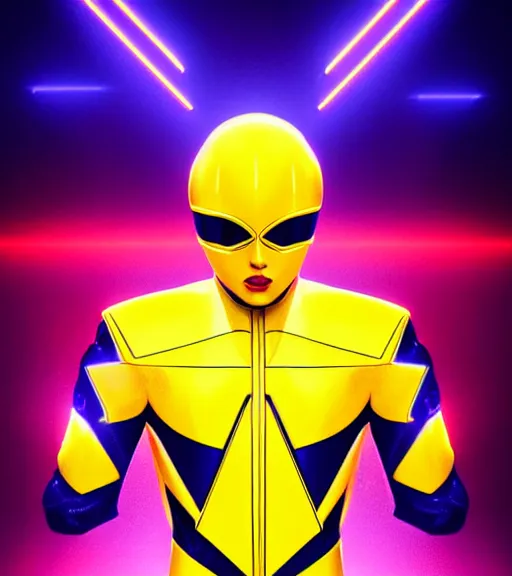 Image similar to symmetry!! yellow ranger, lightning - bolt - shaped eyes!!, hard edges, product render retro - futuristic poster scifi, lasers and neon circuits, yellow ranger, thunder, lightning, intricate, elegant, highly detailed, digital painting, artstation, concept art, smooth, sharp focus, illustration, dreamlike, art by artgerm