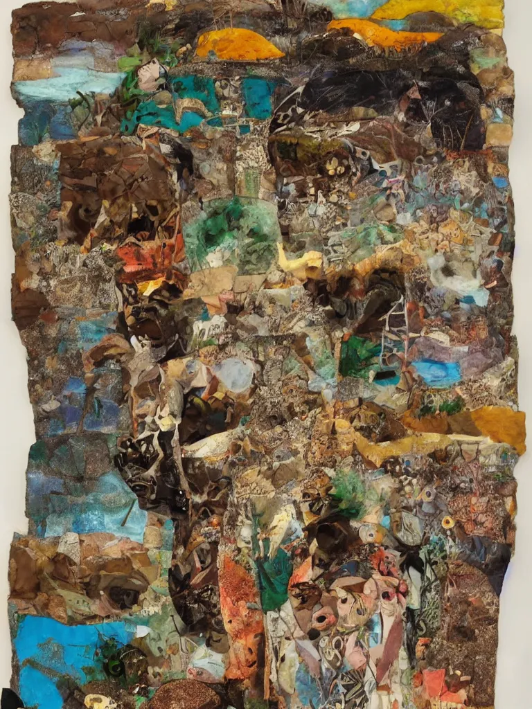 Image similar to mixed media collage by eileen agar depicting travelling through australian wilderness and outback and beaches, landscapes, interesting people, australian animals and birds, earthy color tones