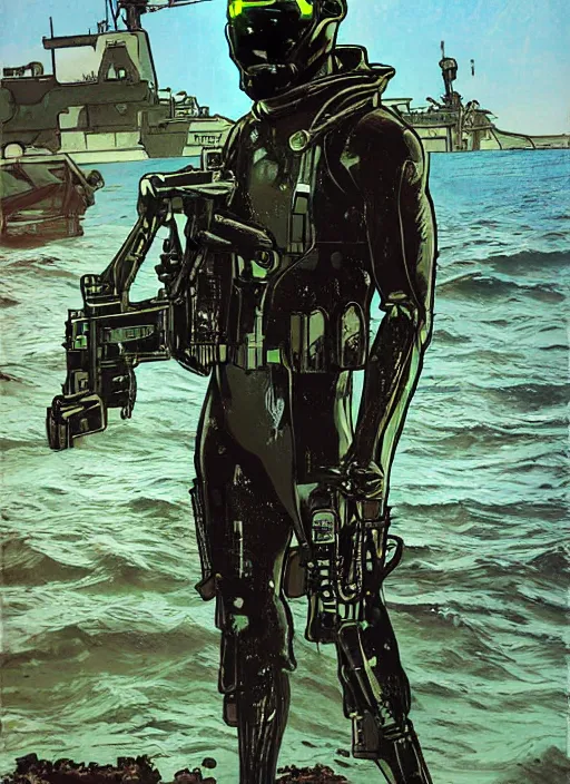 Prompt: black cat. USN blackops operator emerging from water at the shoreline. Operator wearing Futuristic cyberpunk tactical wetsuit and looking at an abandoned shipyard. Frogtrooper. rb6s, MGS, and splinter cell Concept art by James Gurney, Alphonso Mucha. Vivid color scheme.