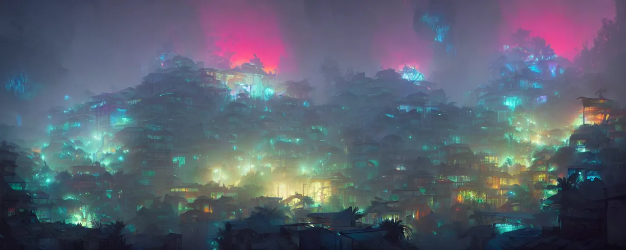 Image similar to cloud forest neon favelas by peter mohrbacher and craig mullins and james jean and marc simonetti