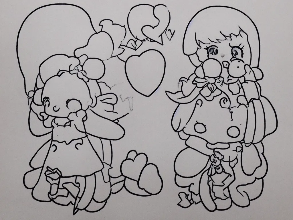 Image similar to color pen plotter outline drawing of a cute fumo plush girl with a big heart