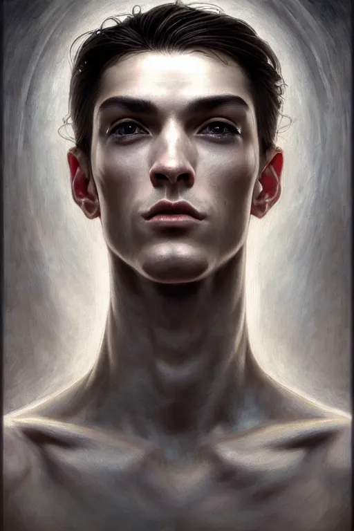 Prompt: portrait of a young androgynous man handsome, male, masculine, upper body, fantasy, fierce, sharp features, intricate, elegant, highly detailed, digital painting, artstation, niccoletta ceccoli, alex grey, concept art, matte, sharp focus, illustration, art by artgerm and greg rutkowski and alphonse mucha, symmetry!!