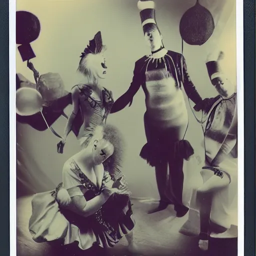 Image similar to polaroid of a surreal artsy dream scene, weird costumes, circus, double exposure