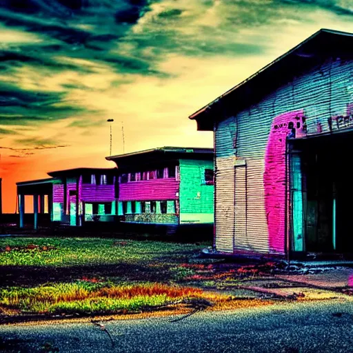 Image similar to an abandonned school at sunset, neon style