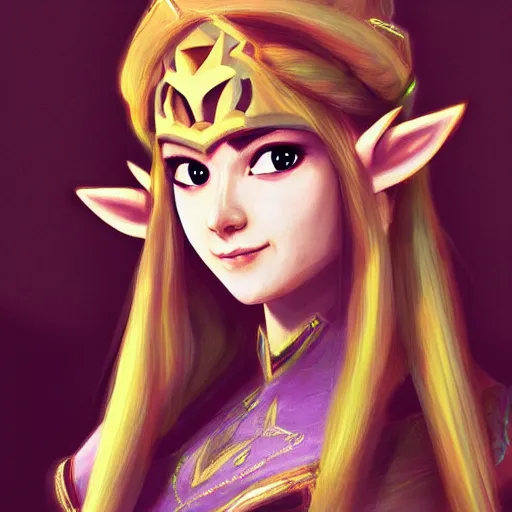 Prompt: a portrait of princess Zelda, concept art, trending on artstation, 4k, 3D, black background.