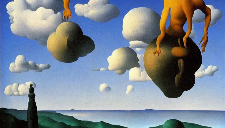 Image similar to parallel universe between forbidden knowledge and maddening strangeness by salvadore dali and rene magritte, extremely high detail, 8 k