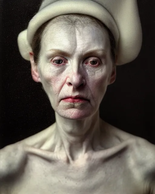 Image similar to a close up portrait a very ordinary underweight middle - aged woman with an blank expression, by joel peter witkin and sarah moon, very pale translucent skin, very blurry, foggy, oil painting, photorealistic, anatomically correct, beautiful perfect face, visible brushstrokes, sharp focus, highly detailed, cinematic lighting, 8 k, hd