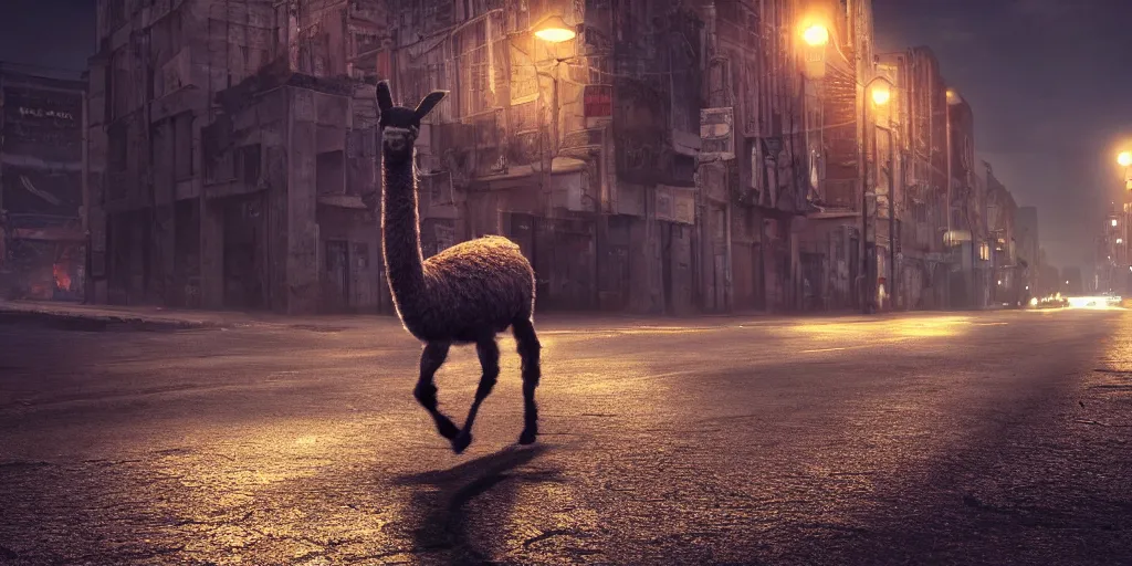 Image similar to a llama walking through a desolate city street at night, realistic 4 k octane beautifully detailed render, 4 k post - processing, highly detailed, intricate complexity, epic composition, magical atmosphere, cinematic lighting, masterpiece, ultra hd